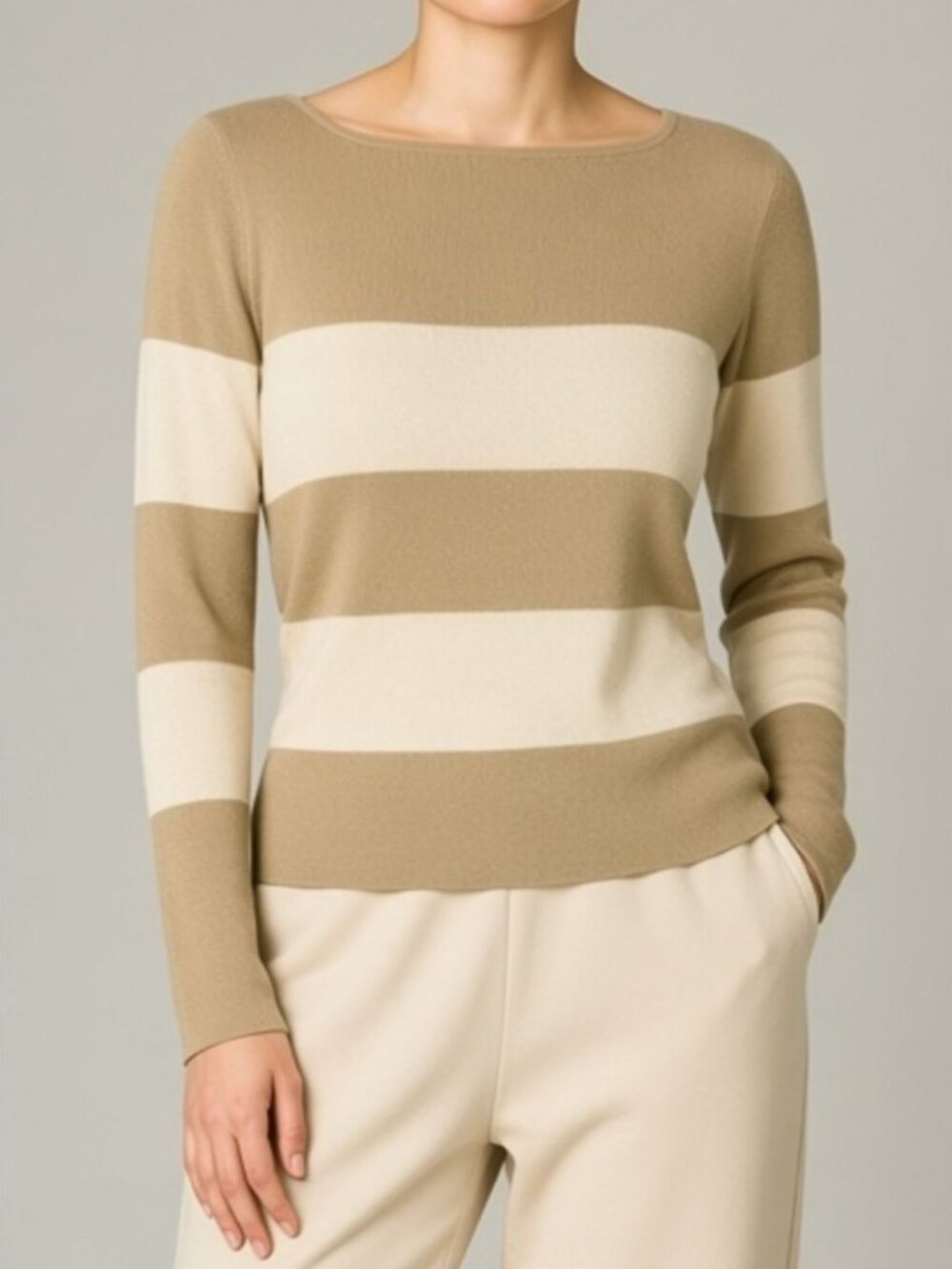 TSE 100% Pure Cashmere Tan/Cream Stripe Sweater M